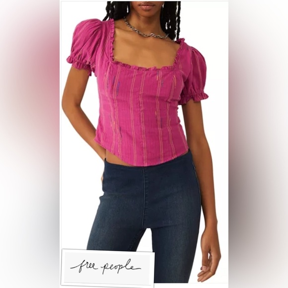 Free People Serotonin Corset Style Smocked Back Top-Women LG in Raspberry - Picture 1 of 9